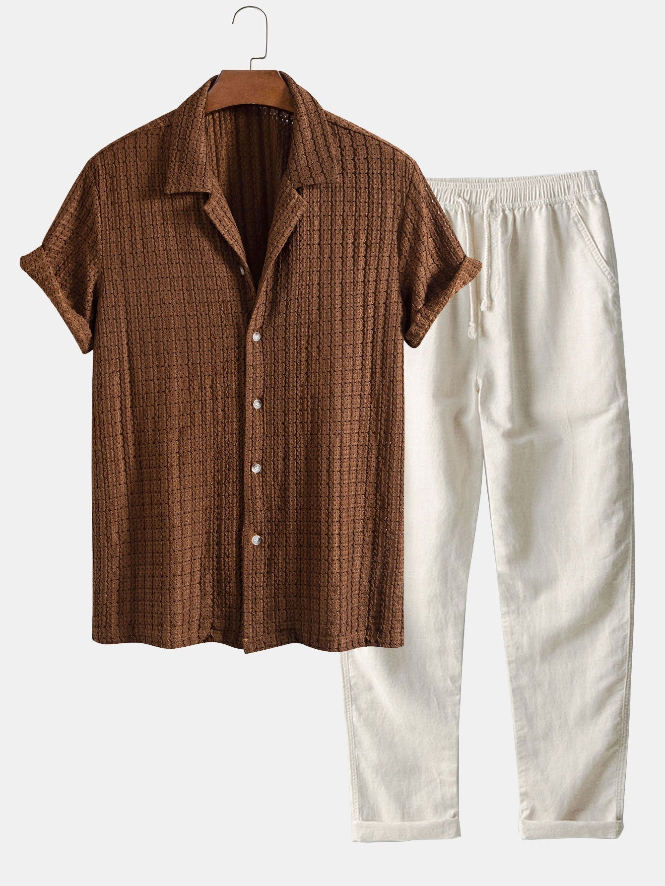 Texture Jacquard Cuban Shirt & Straight Leg Linen Pants Set