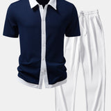 Contrast Ribbed Shirt & Straight Leg Ribbed Pants Set