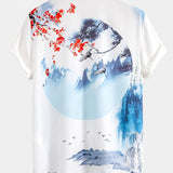 Oriental Ink Painting Shirt & Man Mid Length Drawstring Swim Shorts Set