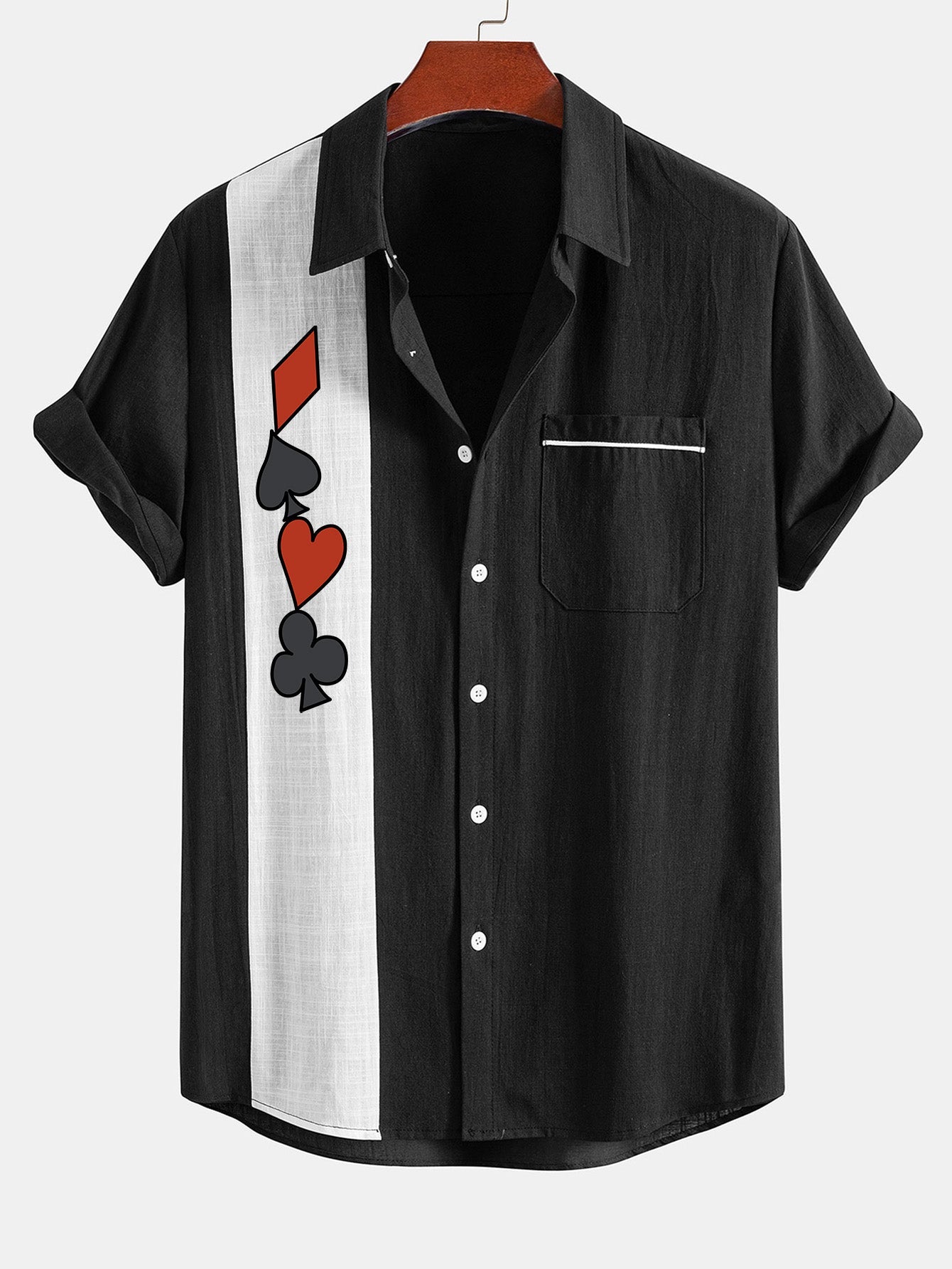 Poker Print Linen Contrast Button Up Shirt