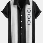 Geometric Rhombus Print Linen Patchwork Bowling Shirt