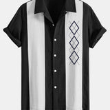 Geometric Rhombus Print Linen Patchwork Bowling Shirt