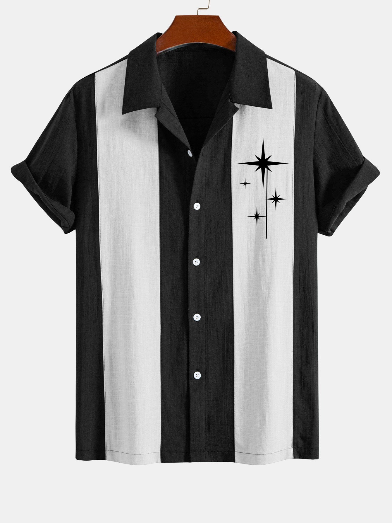 Mid Century Starbursts Print Linen Patchwork Bowling Shirt