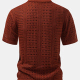 Crochet V Neck Polo Shirt & Crinkle Textured Drawstring 5" Shorts Set