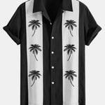 Palm Tree Print Linen Patchwork Bowling Shirt