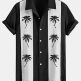 Palm Tree Print Linen Patchwork Bowling Shirt
