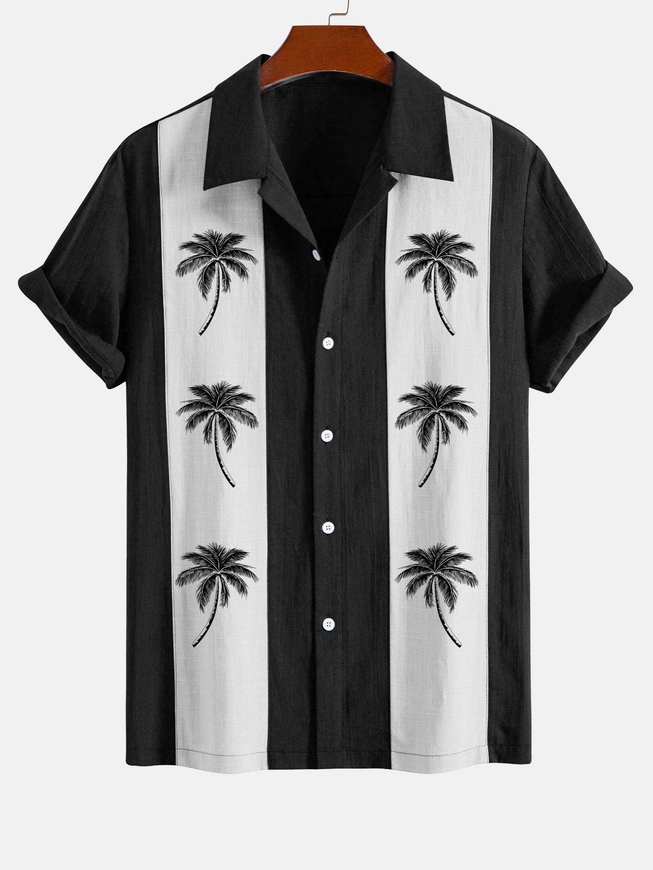 Palm Tree Print Linen Patchwork Bowling Shirt
