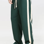 Color Block Patchwork Polo Sweatshirt & Slit Hem Stripe Pants Set