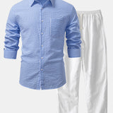 Seersucker Striped Shirt & Straight Leg Linen Pants Set