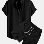 Short Sleeve Linen Shirt & Crinkle Textured Drawstring 5" Shorts Set