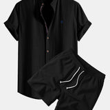 Short Sleeve Linen Shirt & Crinkle Textured Drawstring 5" Shorts Set