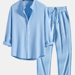 Long Sleeve Muscle Fit Ribbed Stand Collar Shirt & Ribbed Pants Set