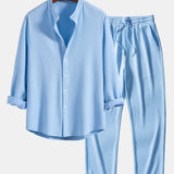 Long Sleeve Muscle Fit Ribbed Stand Collar Shirt & Ribbed Pants Set