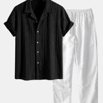Knitted Geometric Rhombus Jacquard Cuban Shirt & Linen Pants Set