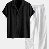 Knitted Geometric Rhombus Jacquard Cuban Shirt & Linen Pants Set