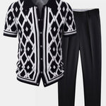 Retro Rhombus Geometric Knit Shirt & Slim Fit Tapered Trousers Set