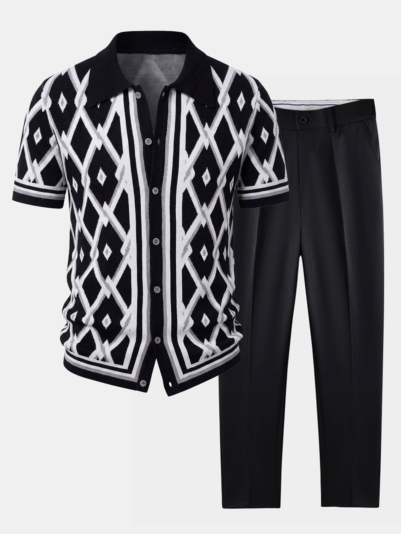 Retro Rhombus Geometric Knit Shirt & Slim Fit Tapered Trousers Set