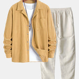 Long Sleeve Corduroy Cuban Collar Shirt & Straight Leg Linen Pants Set