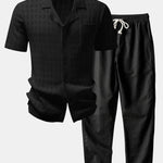 Plaid Open Knit Shirt & Straight Leg Linen Pants Set