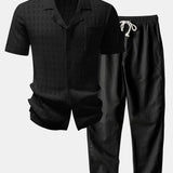 Plaid Open Knit Shirt & Straight Leg Linen Pants Set