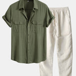 Linen Rayon Blend Pocket Utility Shirt & Straight Leg Linen Pants Set