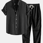 Cotton Blend Striped Stand Collar Shirt & Straight Leg Linen Pants Set