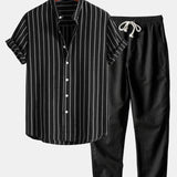 Cotton Blend Striped Stand Collar Shirt & Straight Leg Linen Pants Set