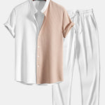 Two Tone Muscle Fit Ribbed Stand Collar Shirt & Ribbed Pants Set