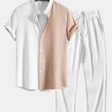Two Tone Muscle Fit Ribbed Stand Collar Shirt & Ribbed Pants Set
