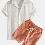 Geometric Jacquard Eyelet Cuban Shirt & Linen Cotton Blend Shorts Set