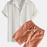 Geometric Jacquard Eyelet Cuban Shirt & Linen Cotton Blend Shorts Set