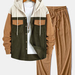 Corduroy Patchwork Hooded Shirt with Pockets & Corduroy Pants Set