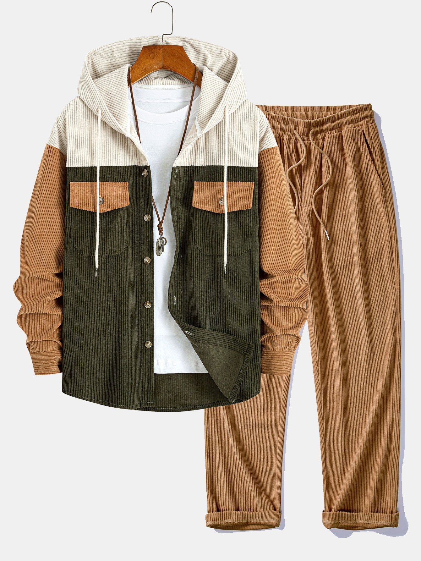 Corduroy Patchwork Hooded Shirt with Pockets & Corduroy Pants Set