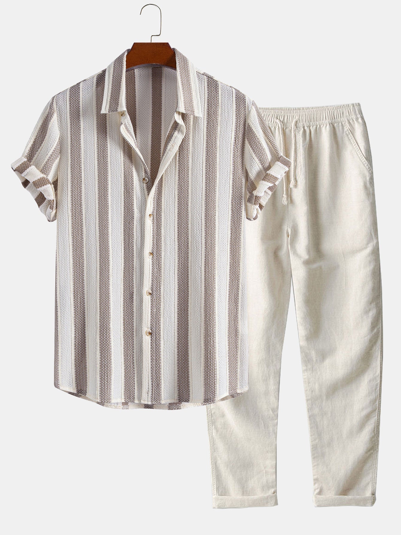Textured Striped Shirt & Straight Leg Linen Pants Set