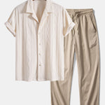 Knitted Geometric Rhombus Jacquard Cuban Shirt & Crinkle Textured Pants Set