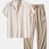 Knitted Geometric Rhombus Jacquard Cuban Shirt & Crinkle Textured Pants Set