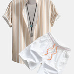Striped Button Up Shirt & Man Mid Length Drawstring Swim Shorts Set
