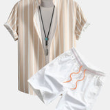 Striped Button Up Shirt & Man Mid Length Drawstring Swim Shorts Set