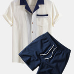 Crinkle Textured Contrast Cuban Shirt & Drawstring 5" Shorts Set