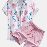 Coral Anchor Print Shirt & Swim Shorts Set