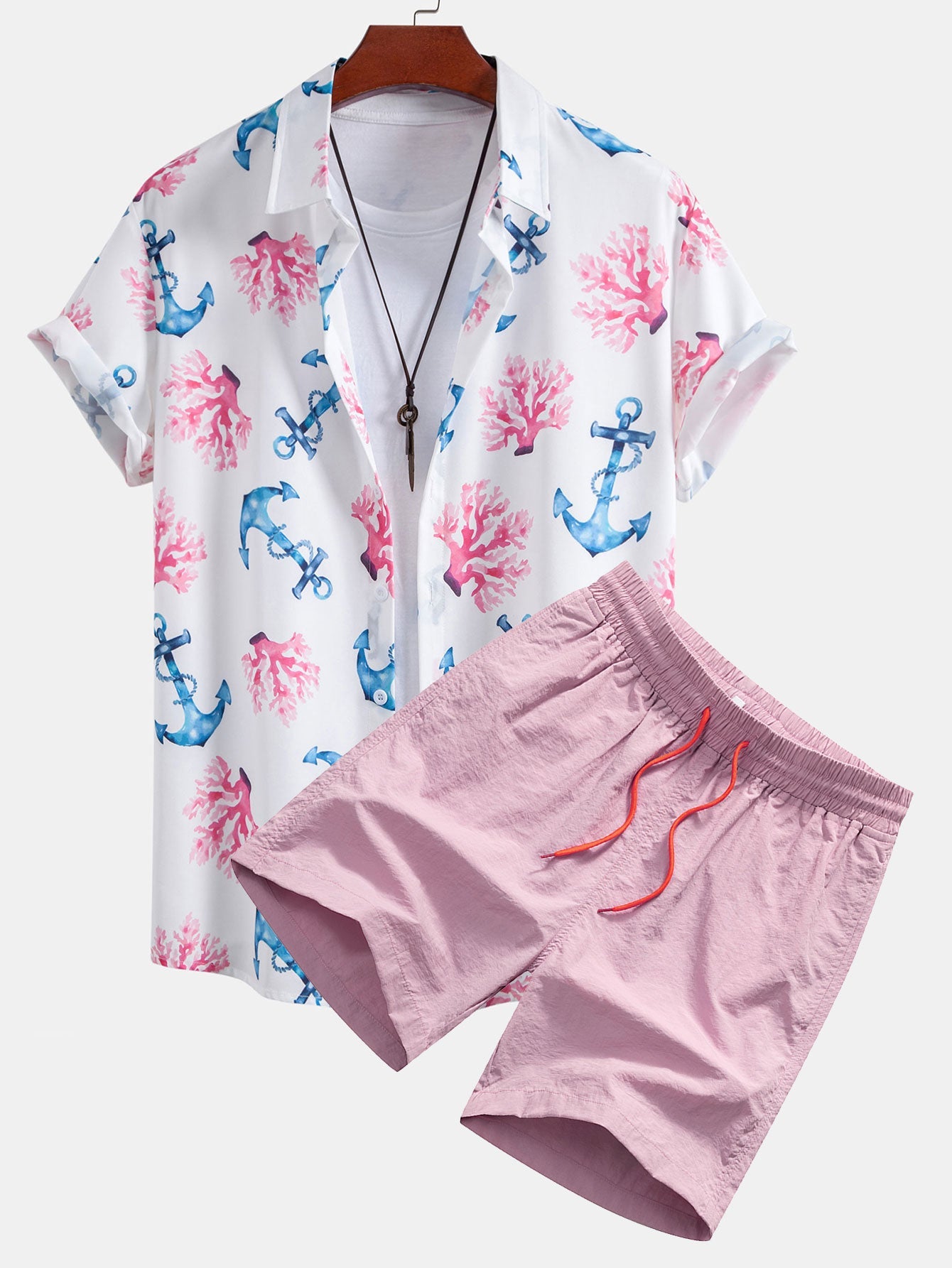 Coral Anchor Print Shirt & Swim Shorts Set