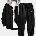 Contrast Waffle Hooded Shirt & Drawstring Waffle Jogger Pants Set