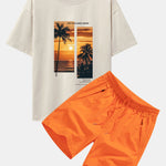 Palm Trees Landscape Slogan Print Oversize T-Shirt & Swim Shorts Set
