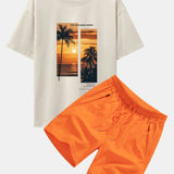 Palm Trees Landscape Slogan Print Oversize T-Shirt & Swim Shorts Set