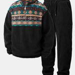 Quarter Zip Ethnic Geometric Patchwork Teddy Sweatshirt & Corduroy Jogger Set