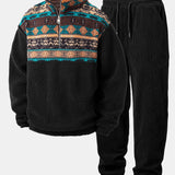 Quarter Zip Ethnic Geometric Patchwork Teddy Sweatshirt & Corduroy Jogger Set