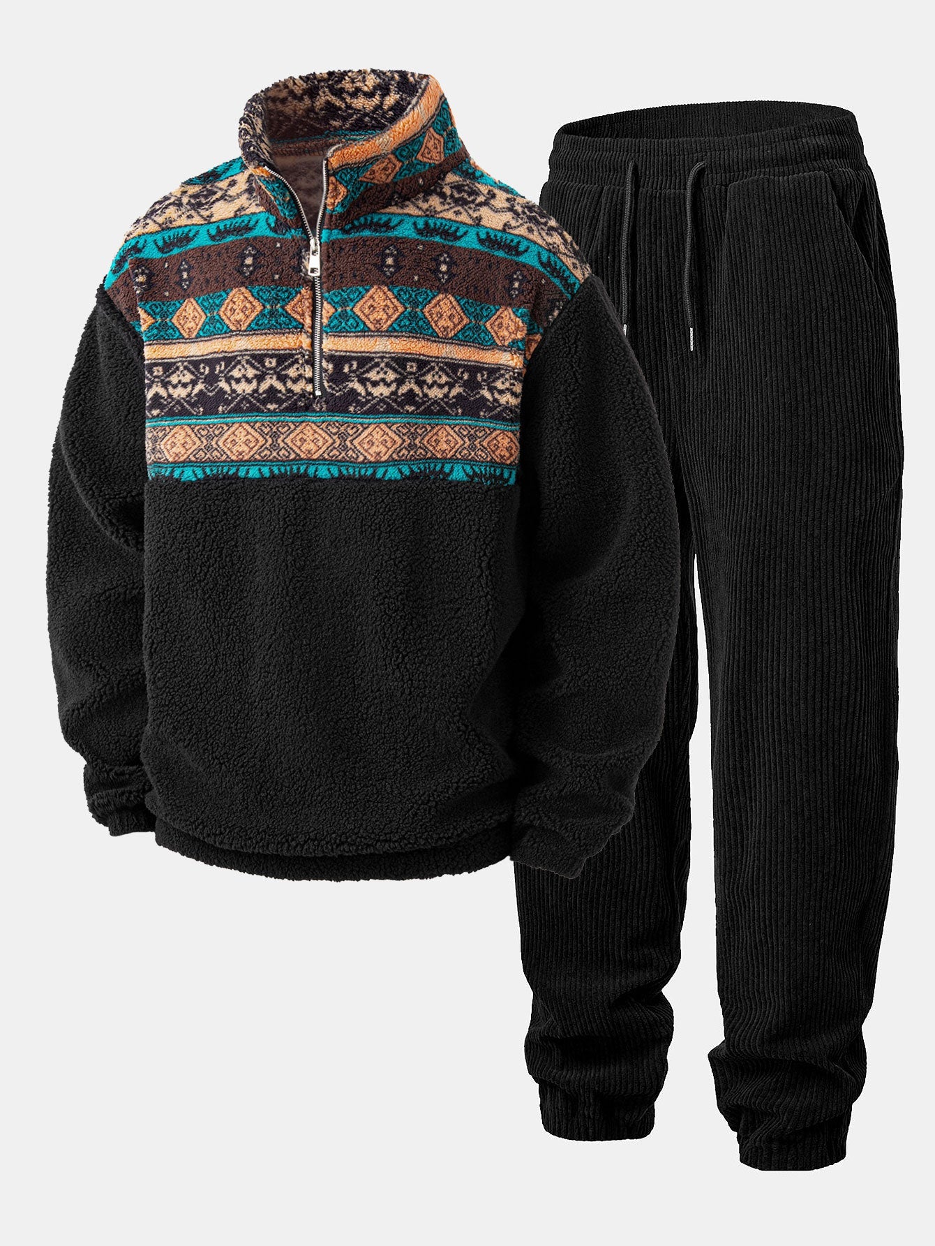 Quarter Zip Ethnic Geometric Patchwork Teddy Sweatshirt & Corduroy Jogger Set