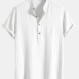 Linen Blend Striped Half Open Placket Henley Collar Shirt & Linen Pants Set