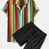 Colorful Striped Waffle Texture Cuban Shirt & Swim Shorts Set