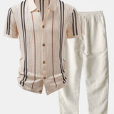 Stripe Crochet Shirt & Straight Leg Linen Pants Set